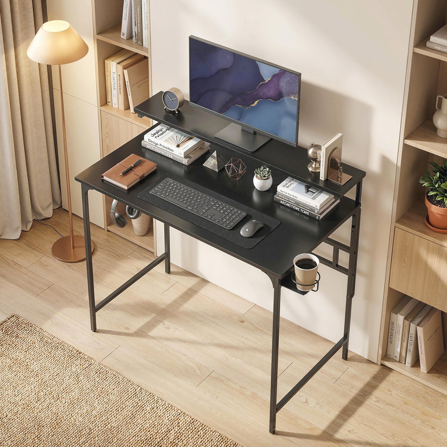 Computer Desk, 80cm Home Office Study Table with Hutch Shelf, Cup Holder, Headphone Hook, Black
