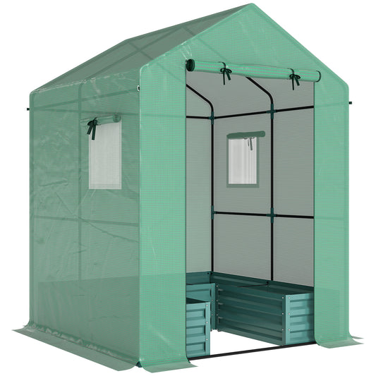 Small Greenhouse with Raised Garden Bed, Galvanised Walk-in Greenhouse with Roll Up Windows, 141 x 141 x 190 cm, Green
