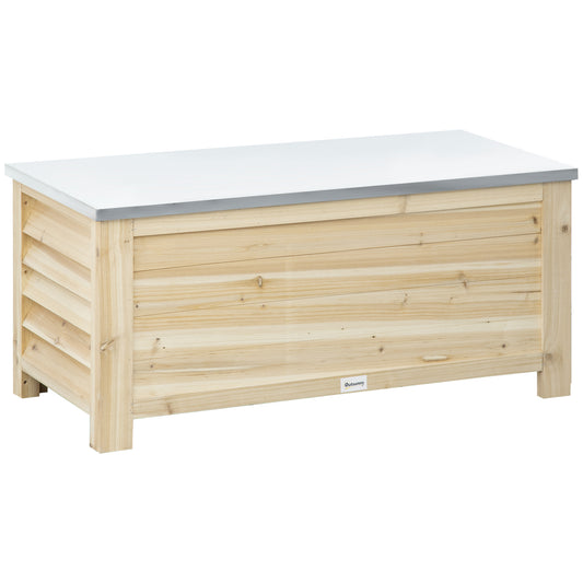 155L Outdoor Storage Box with Metal Top and Shutter Walls, Wooden Outside Tool organiser Container, for Garden, terrace