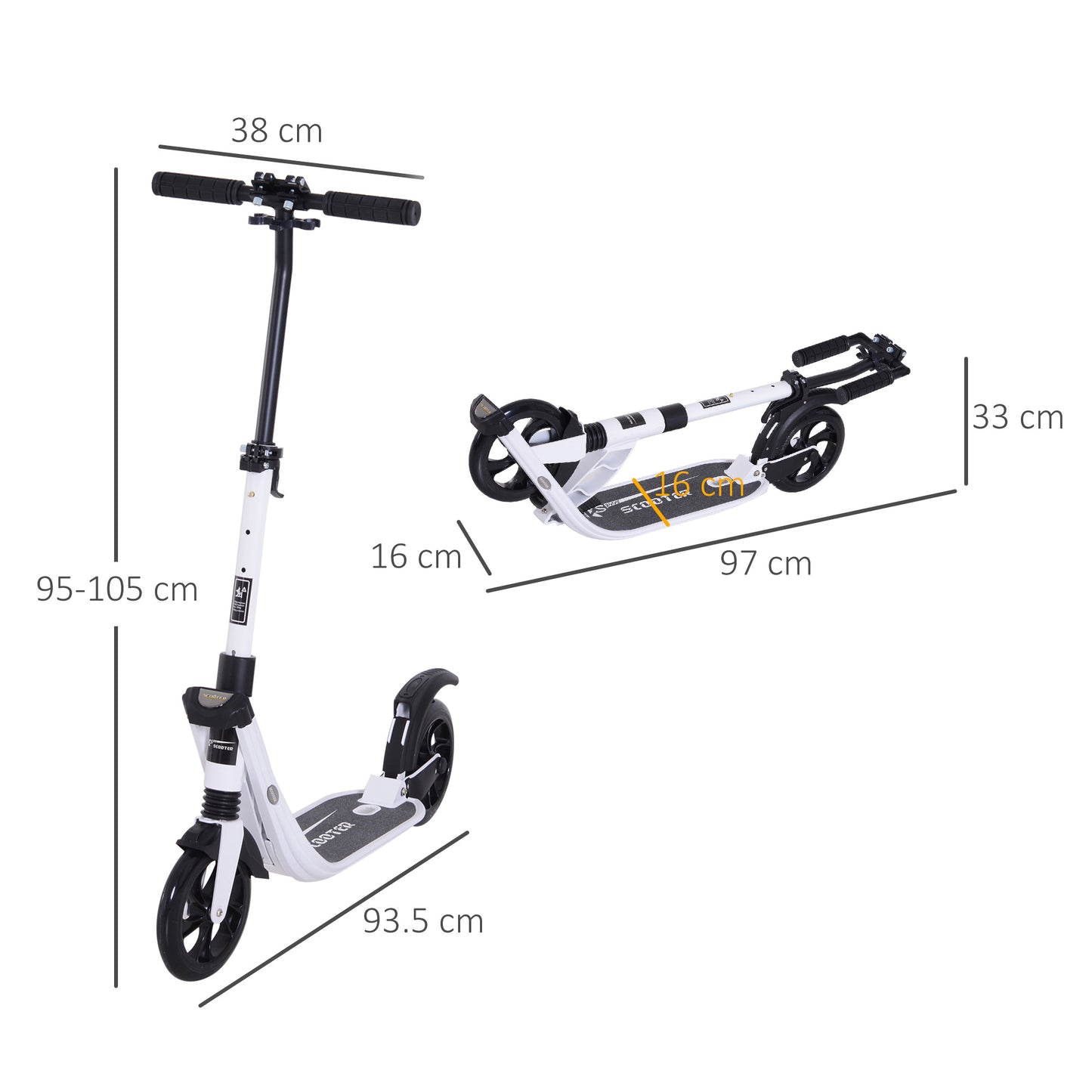 Folding Kick Scooter Hight-Adjustable Urban Scooter w/ Rear Brake, Double Shock Absorption System & 2 Big Wheels