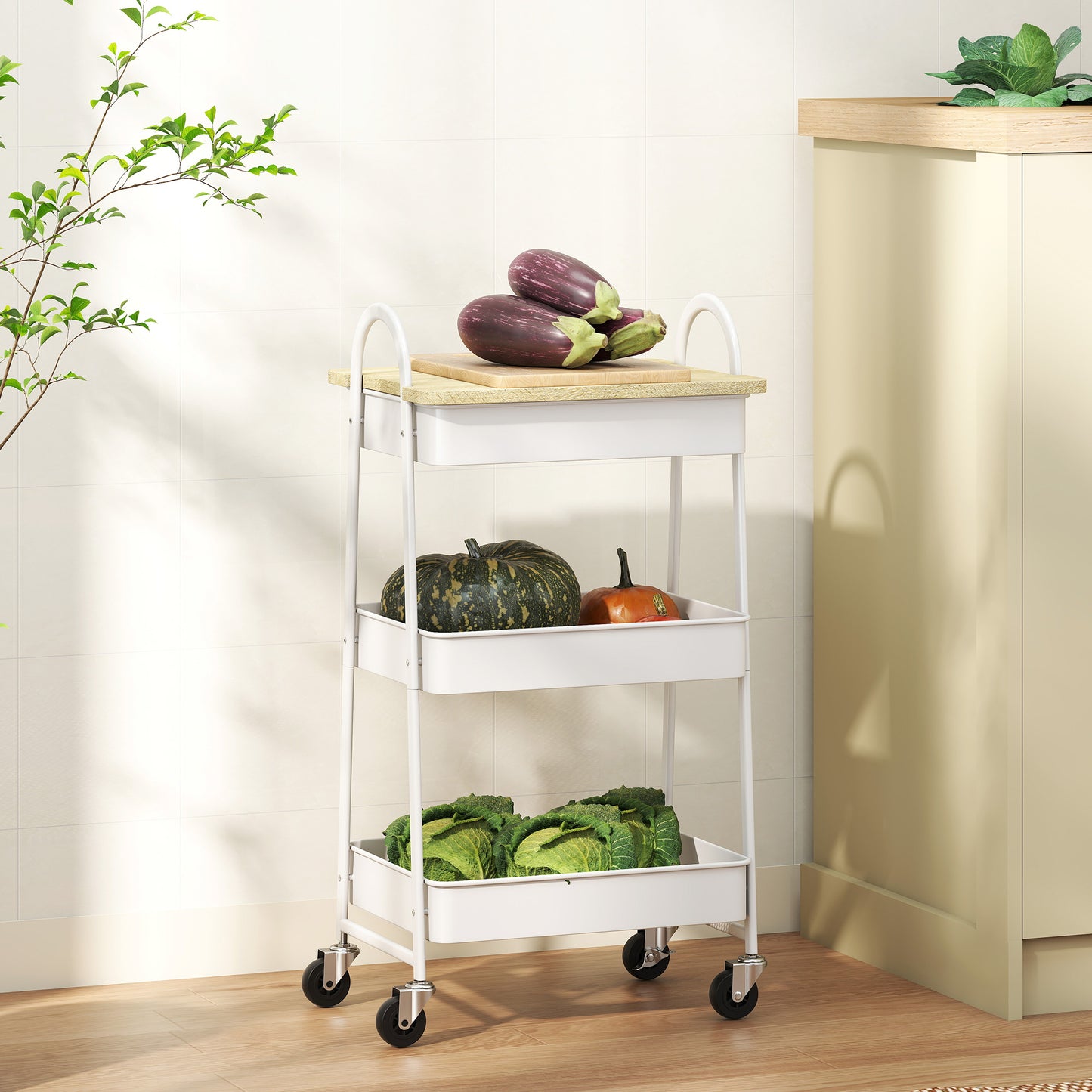 3-Tier Kitchen Storage Trolley with on Wheels Cover Top Board - White and Oak
