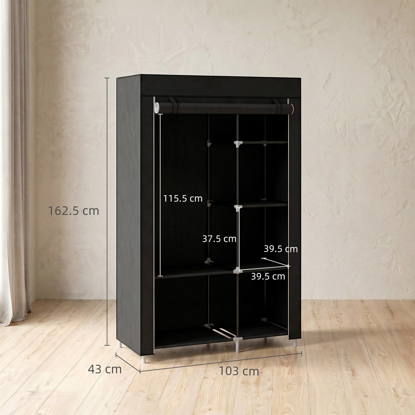 Fabric Wardrobe w/ Shelves Hanging Rail Foldable Wardrobe Black