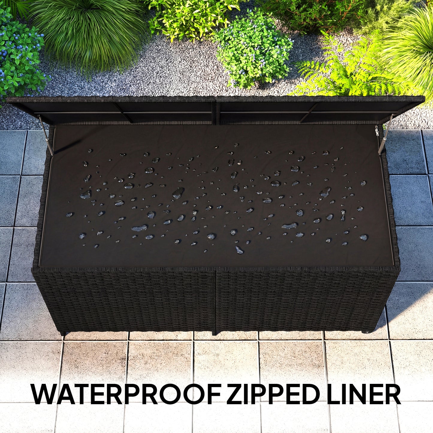 650L Garden Storage Box with 2 Wheels, Rattan Deck Box with Waterproof Zipped Liner, Safe Pneumatic Rods, Black