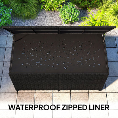 650L Garden Storage Box with 2 Wheels, Rattan Deck Box with Waterproof Zipped Liner, Safe Pneumatic Rods, Black