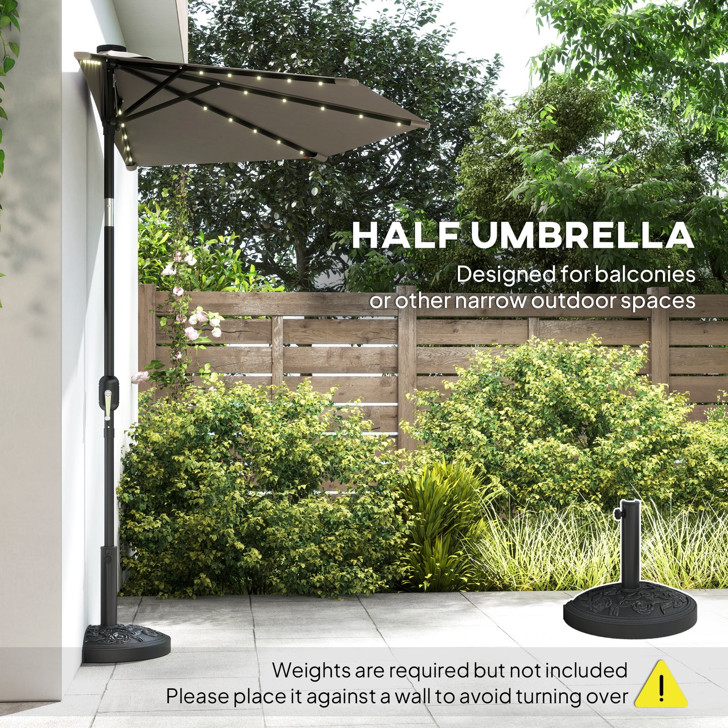 2.6 m Half Garden Parasol with Solar LED Lights, UPF50+ Semi Round Umbrella with 30° Tilt, Crank Handle, Dark Grey