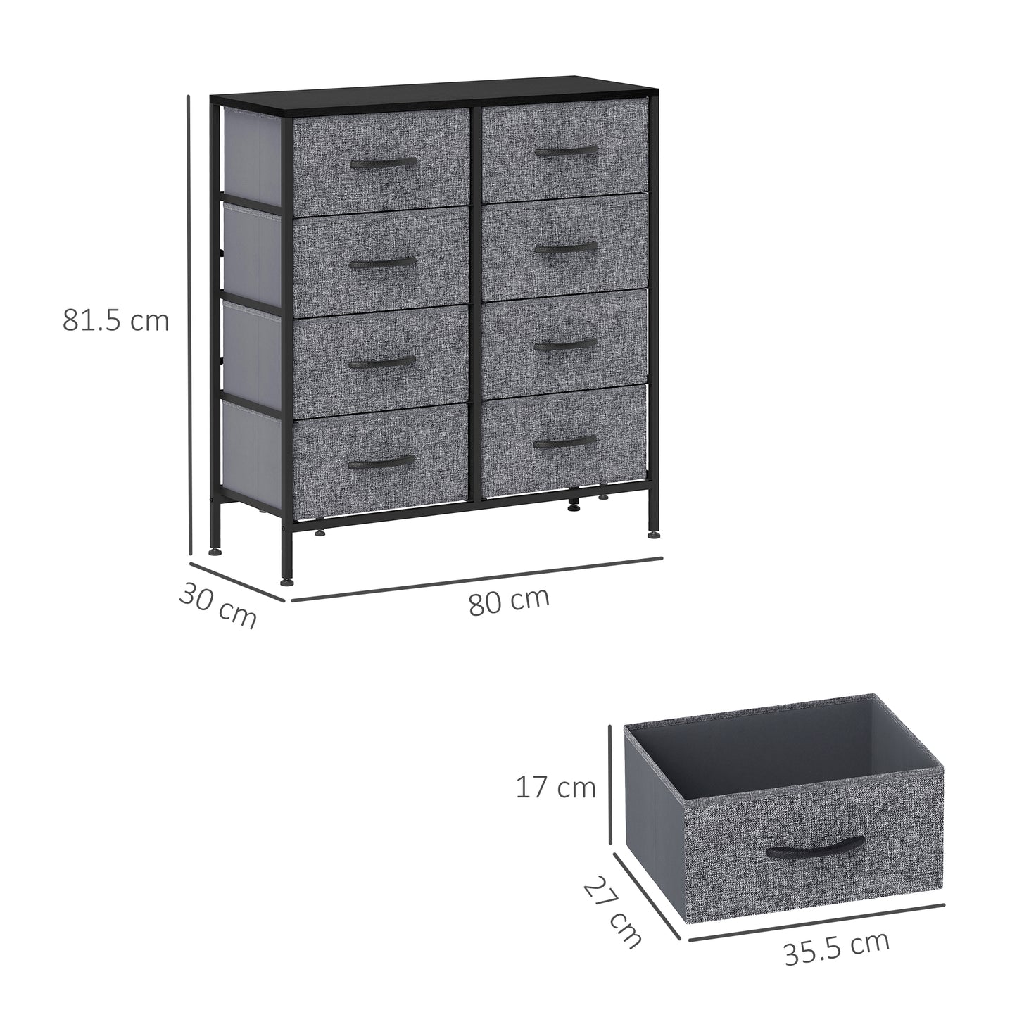 Fabric Chest of Drawers, Industrial Bedroom Dresser with 8 Fabric Drawers, Steel Frame and Wooden Top for Nursery