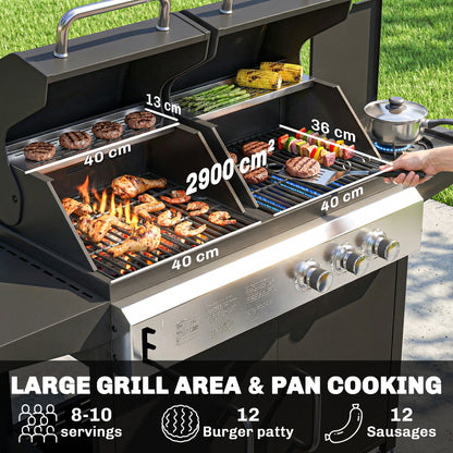 2+1 Burner Hybrid Dual Fuel BBQ Gas Grill, 2-in-1 Propane & Charcoal Barbecue Grill Smoker Combo with Wheels, Black