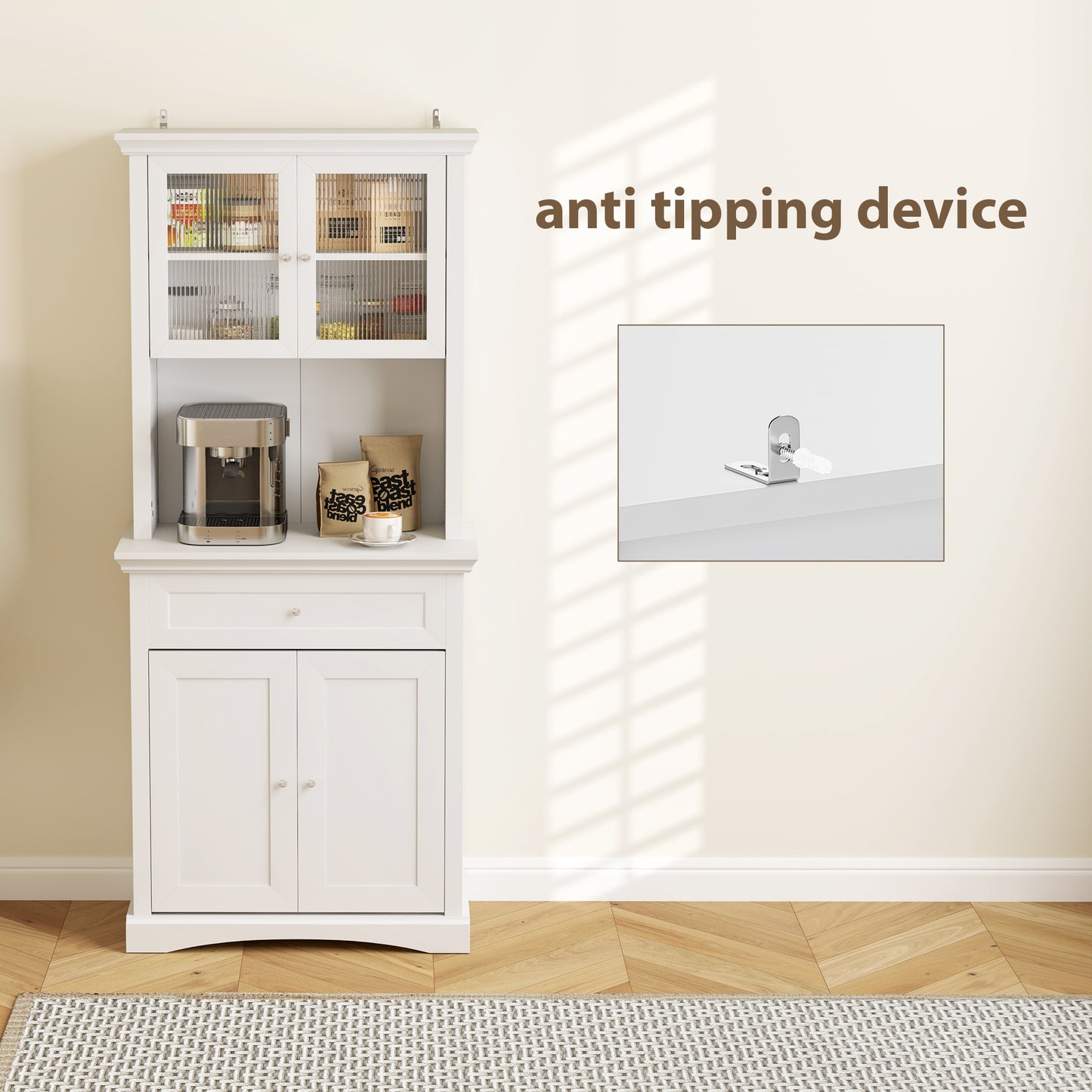 4-Door Kitchen Cupboard with Drawer, Freestanding Kitchen Cabinet with Glass Doors, Adjustable Shelves and Open Counter
