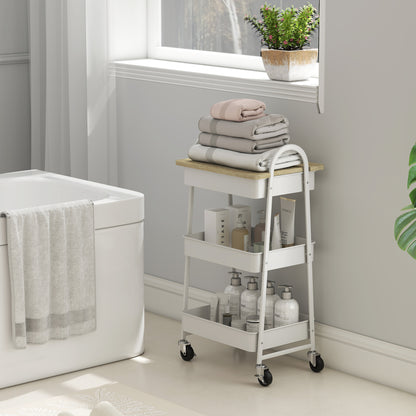 3-Tier Kitchen Storage Trolley with on Wheels Cover Top Board - White and Oak