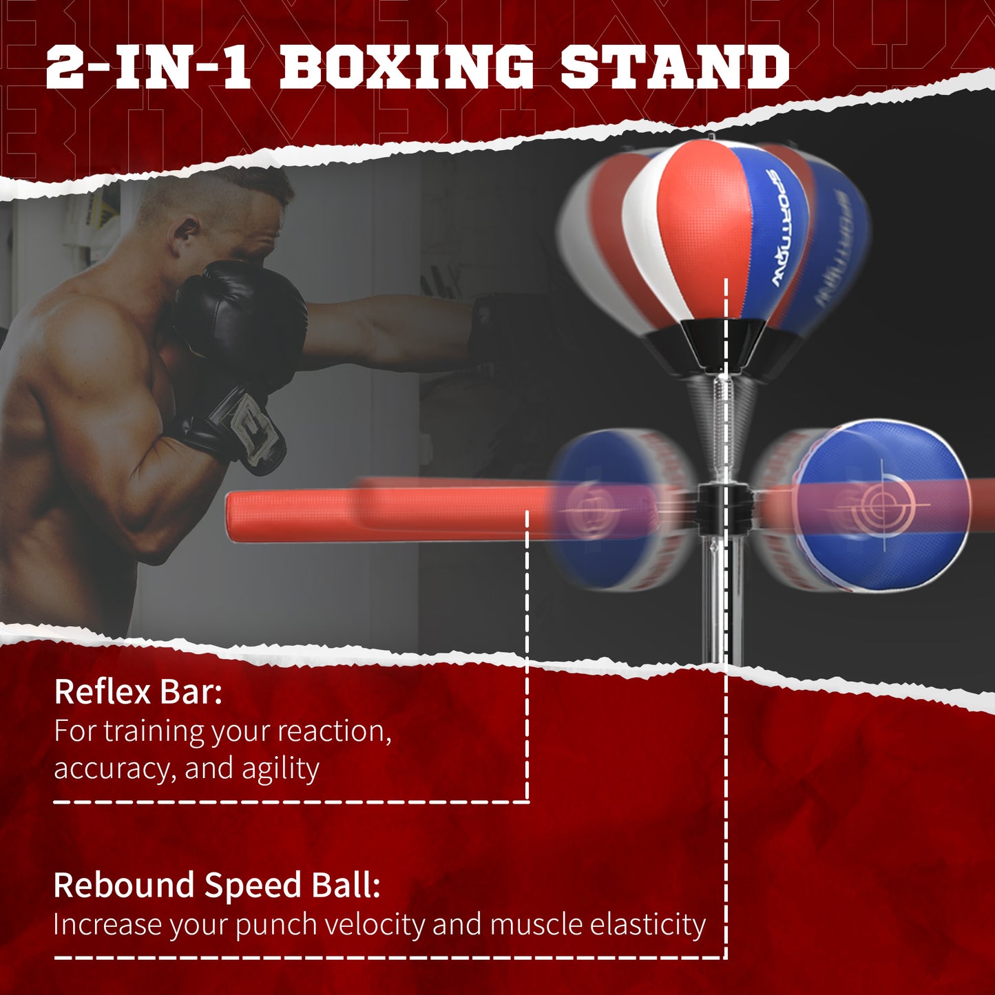 Adjustable Speed Bag, Boxing Bag, with Stand, Reflex Bar, Punching Pad, Multicoloured