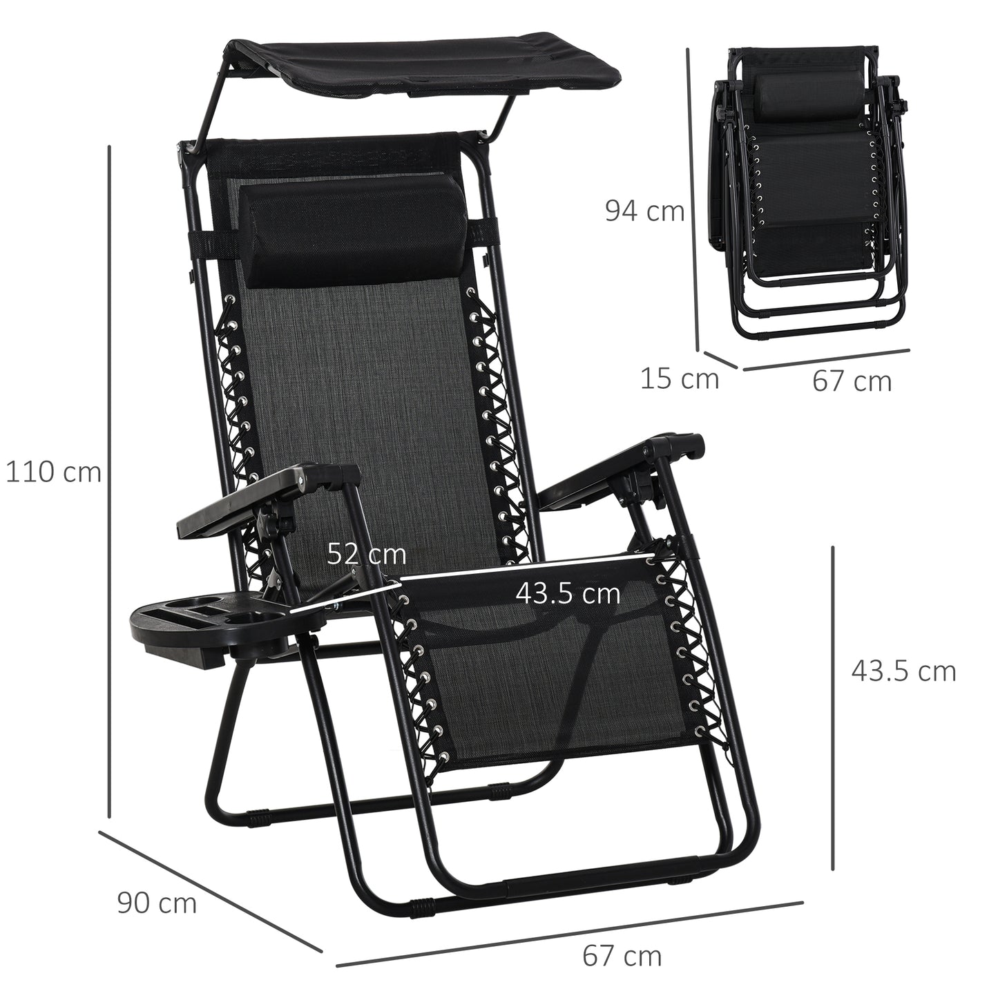 Folding Zero Gravity Sun Lounger, with Sun Canopy - Black