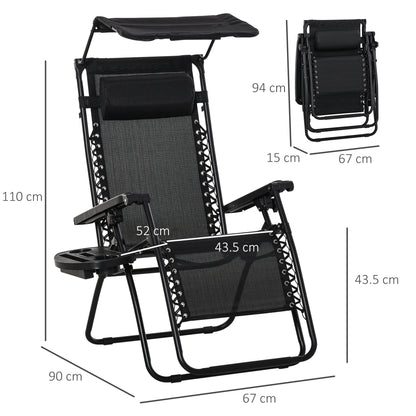 Folding Zero Gravity Sun Lounger, with Sun Canopy - Black