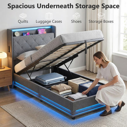 3ft Single Bed Frame with Headboard, Platform Bed Frame with Hydraulic Storage, LED Lights and Charging Station, Grey