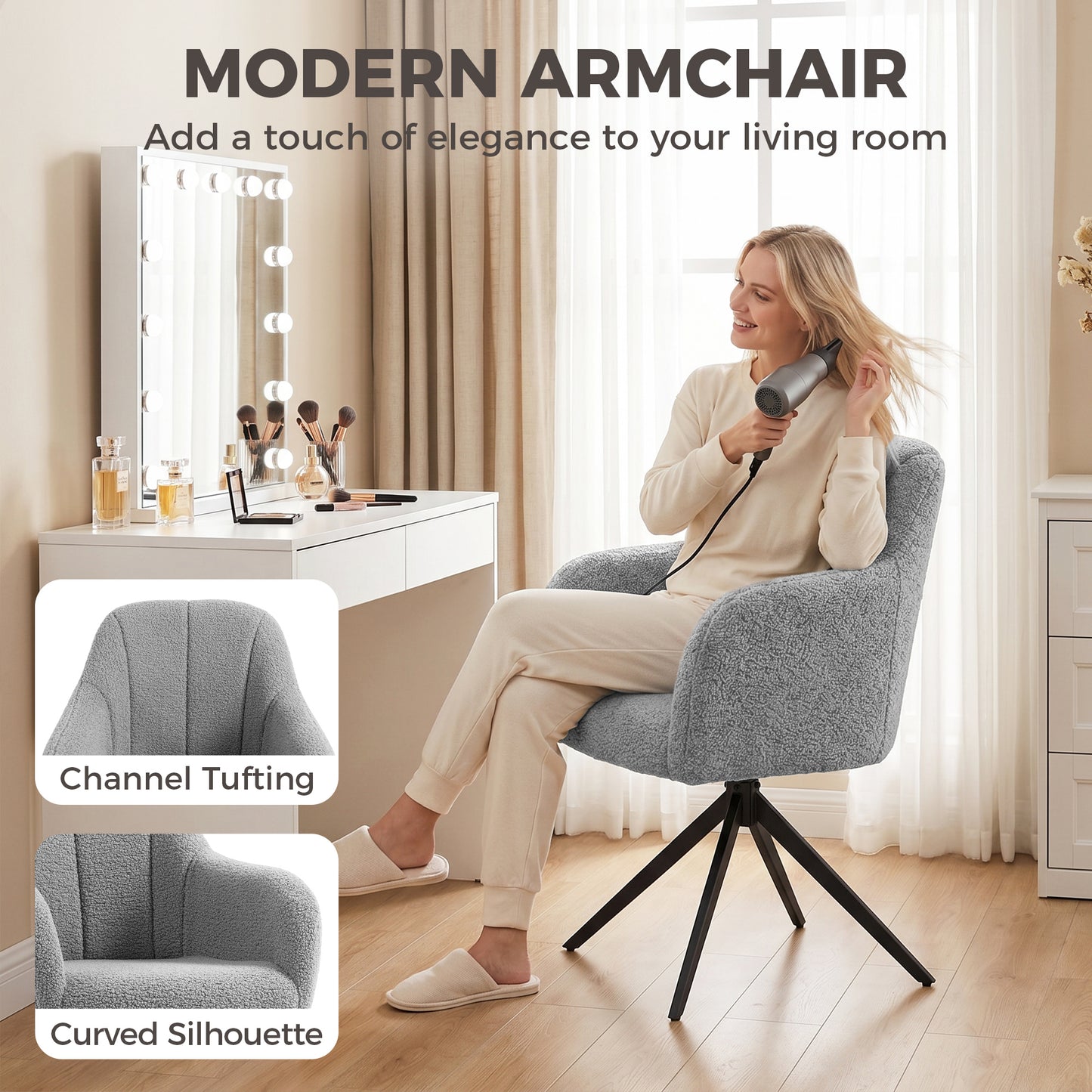 360 Degree Swivel Accent Chair, Teddy Fleece Armchair, Grey