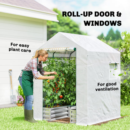 Small Greenhouse with Raised Garden Bed, Galvanised Walk-in Greenhouse with Roll Up Windows, 141 x 141 x 190 cm, White