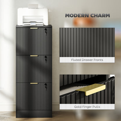 Filing Cabinet, Fluted Vertical File Cabinet with 3 Lockable Drawers and Hanging Rails, Black