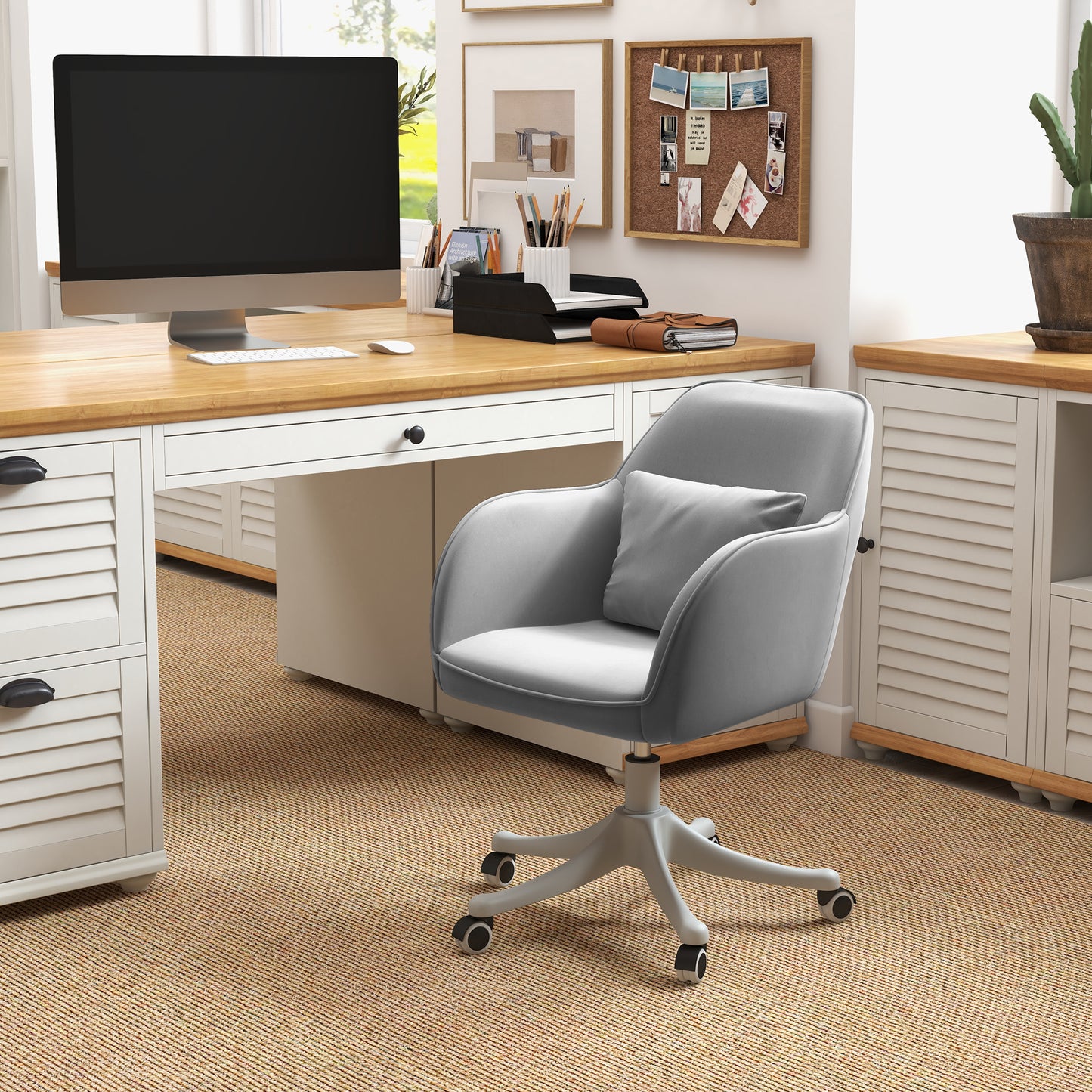 Velvet Office Chair, Desk Chair, Makeup Vanity Chair with Massage Lumbar Pillow and Rolling Wheels for Bedroom and Home, Grey