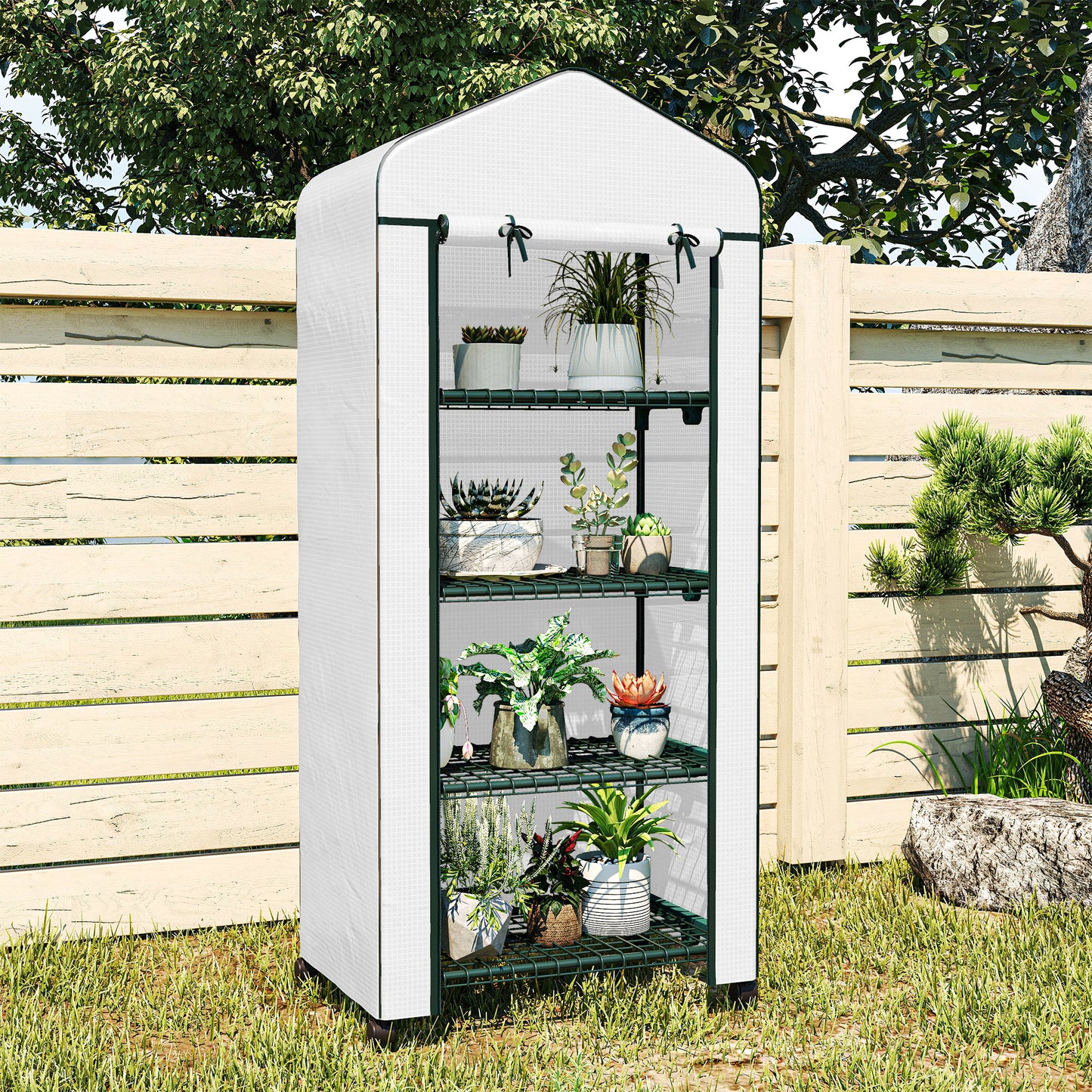 4 Tier Mini Portable Greenhouse Compact Plant Grow Shed Metal Frame PE Cover with Lockable Rolling Wheels, White