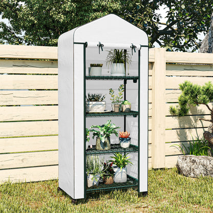 4 Tier Mini Portable Greenhouse Compact Plant Grow Shed Metal Frame PE Cover with Lockable Rolling Wheels, White