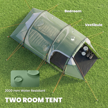 2 Man Tunnel Tent with Sewn-in Groundsheet, Air Vents, Rainfly, 2000mm Large Camping Tent with Bedroom, Porch