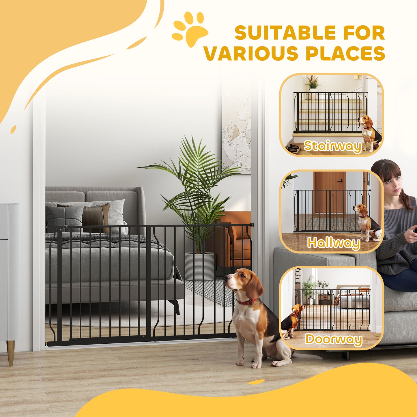 Extra Wide Dog Safety Gate, with Door Pressure, for Doorways, Hallways, Staircases - Black