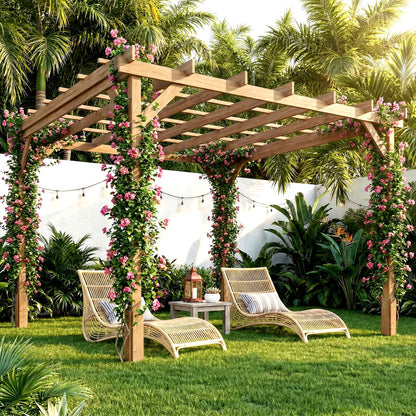 3 x 3 m Wooden Pergola Kit, Decorative Garden Gazebo Shelter with Stable Structure for Climbing Vines, Dark Brown