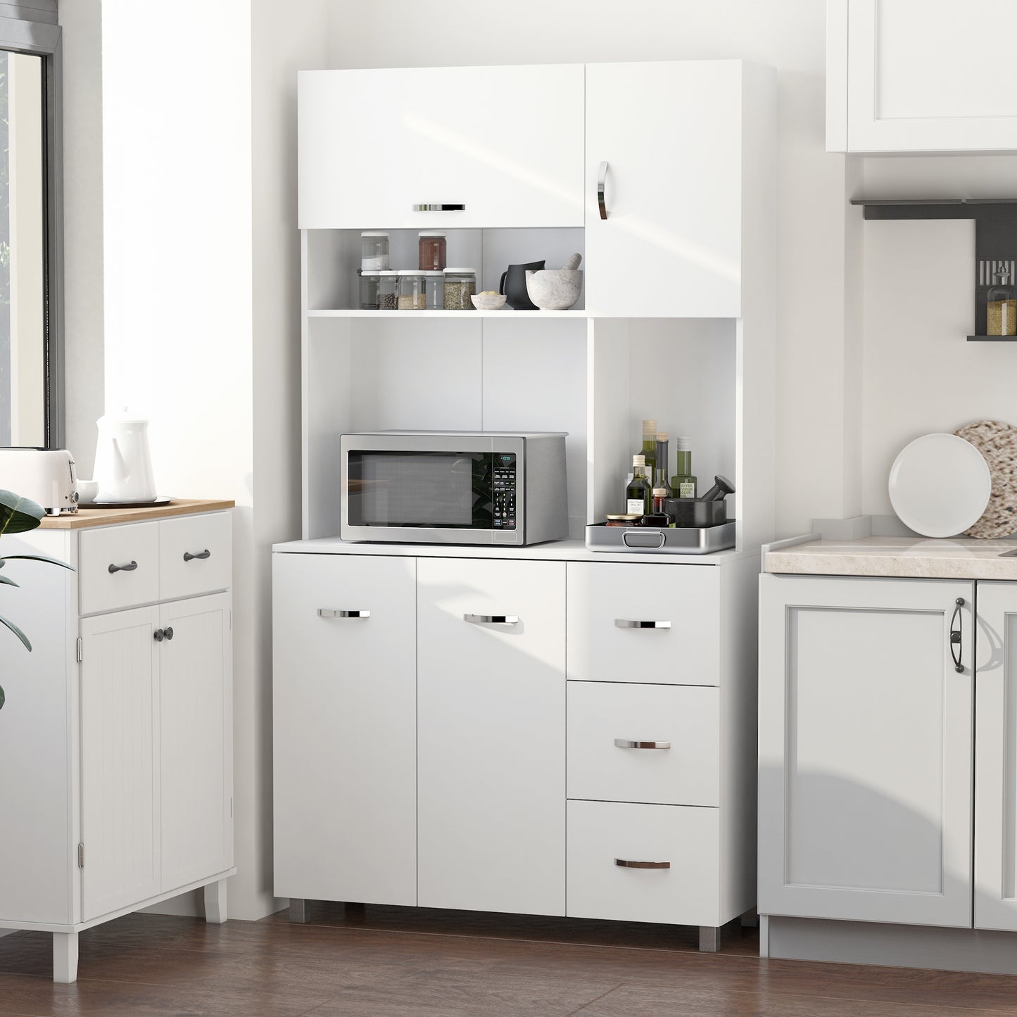 Kitchen Cupboard, 183cm Tall Storage Cabinet with Countertop, Sideboard with 3 Small Drawers, Flip Up Top Door