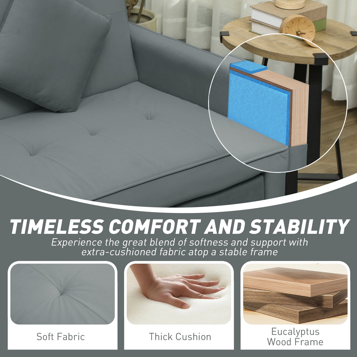 Three-Person Velvet-Feel Sofa Bed - Grey