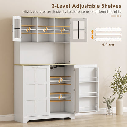 175cm Tall Kitchen Cabinet, Kitchen Cupboard with Rubbish Bin Cabinet, 3 Door Shelves and 2 Acrylic Doors, White