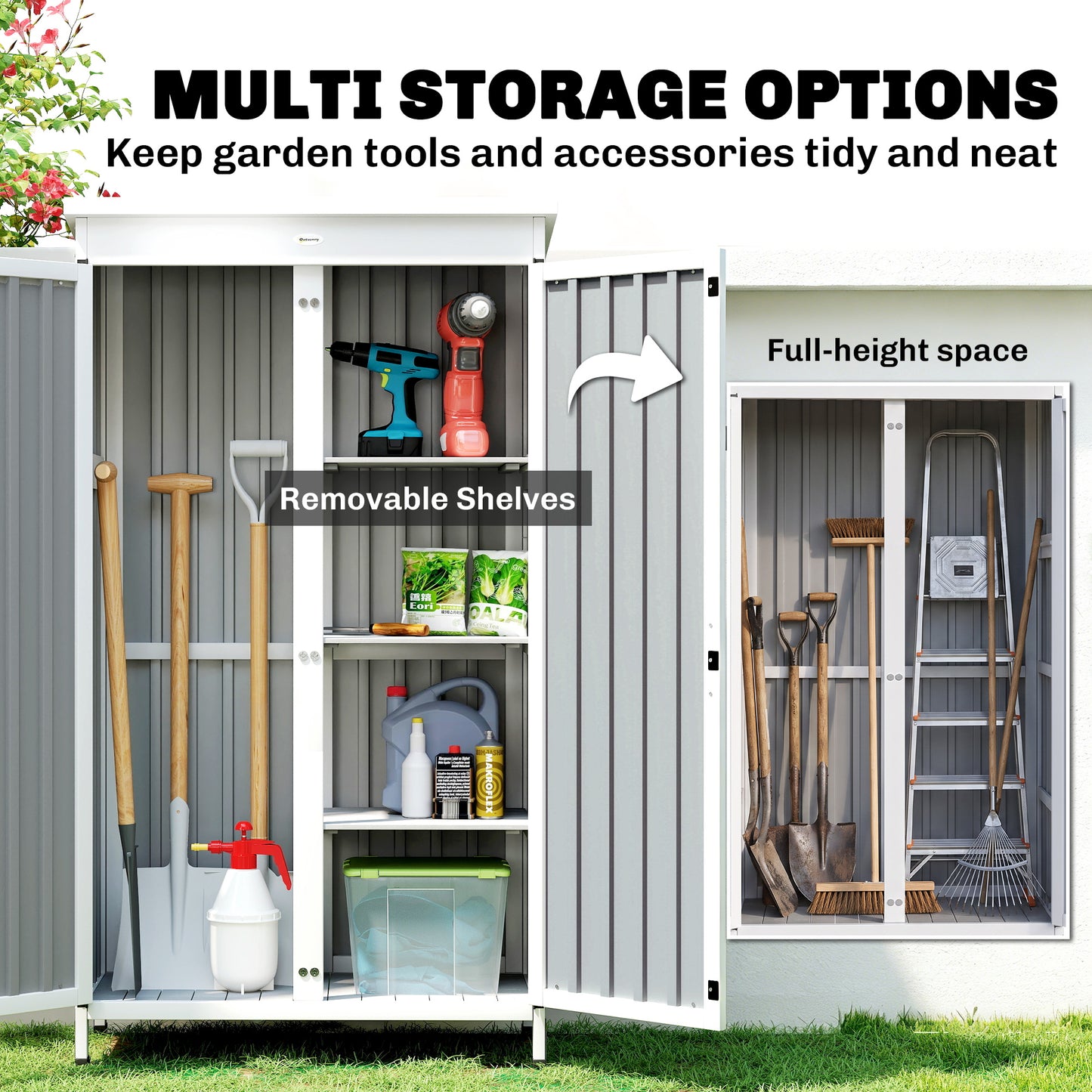 Outdoor Storage Cabinet with Removable Shelves, Garden Tool Shed with Asphalt Roof, White and Black