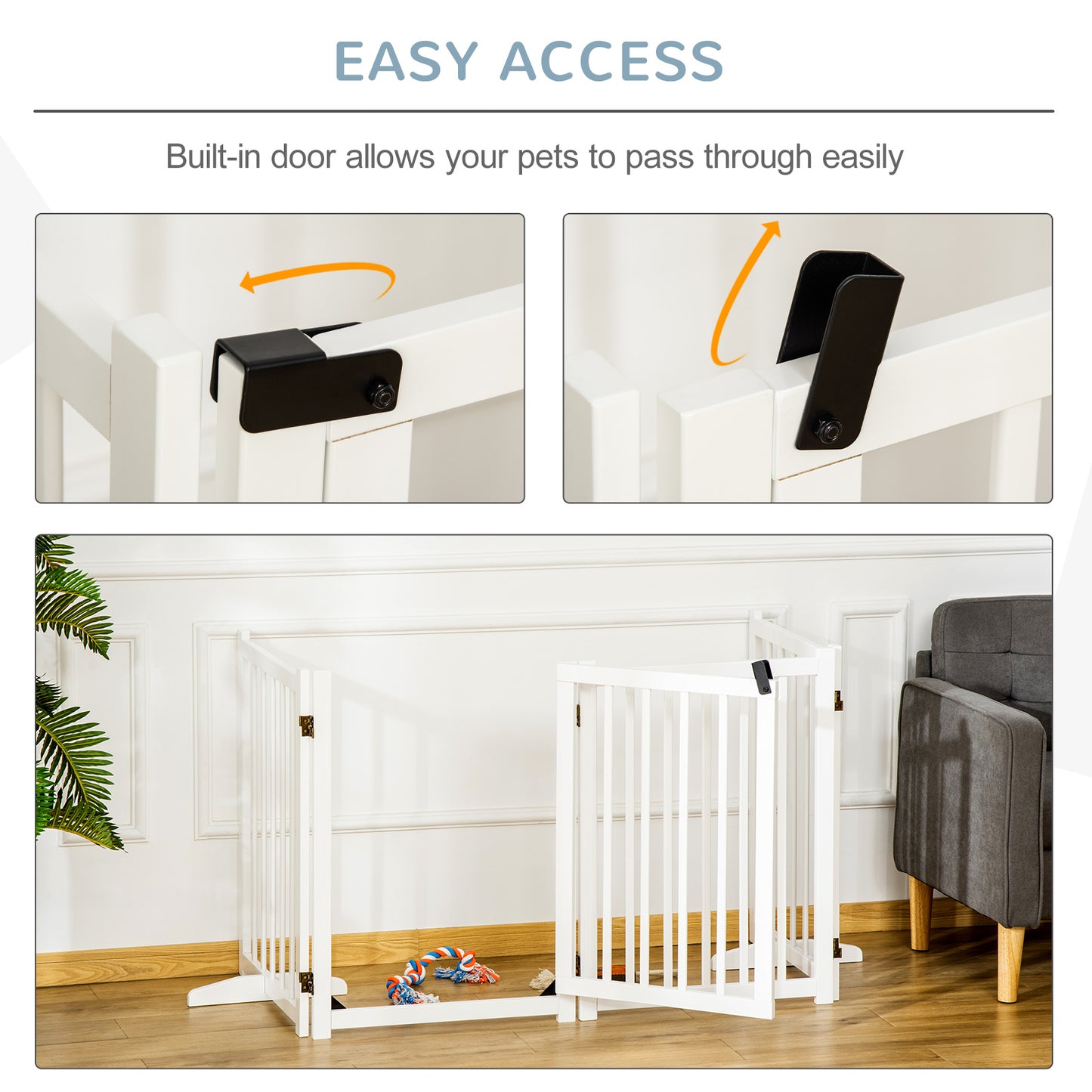 Wooden Dog Gate, Dog Fence Indoor, 80 cm Tall Freestanding Pet Gate for Small and Medium Dogs with 4 Panels, 2 Support Feet