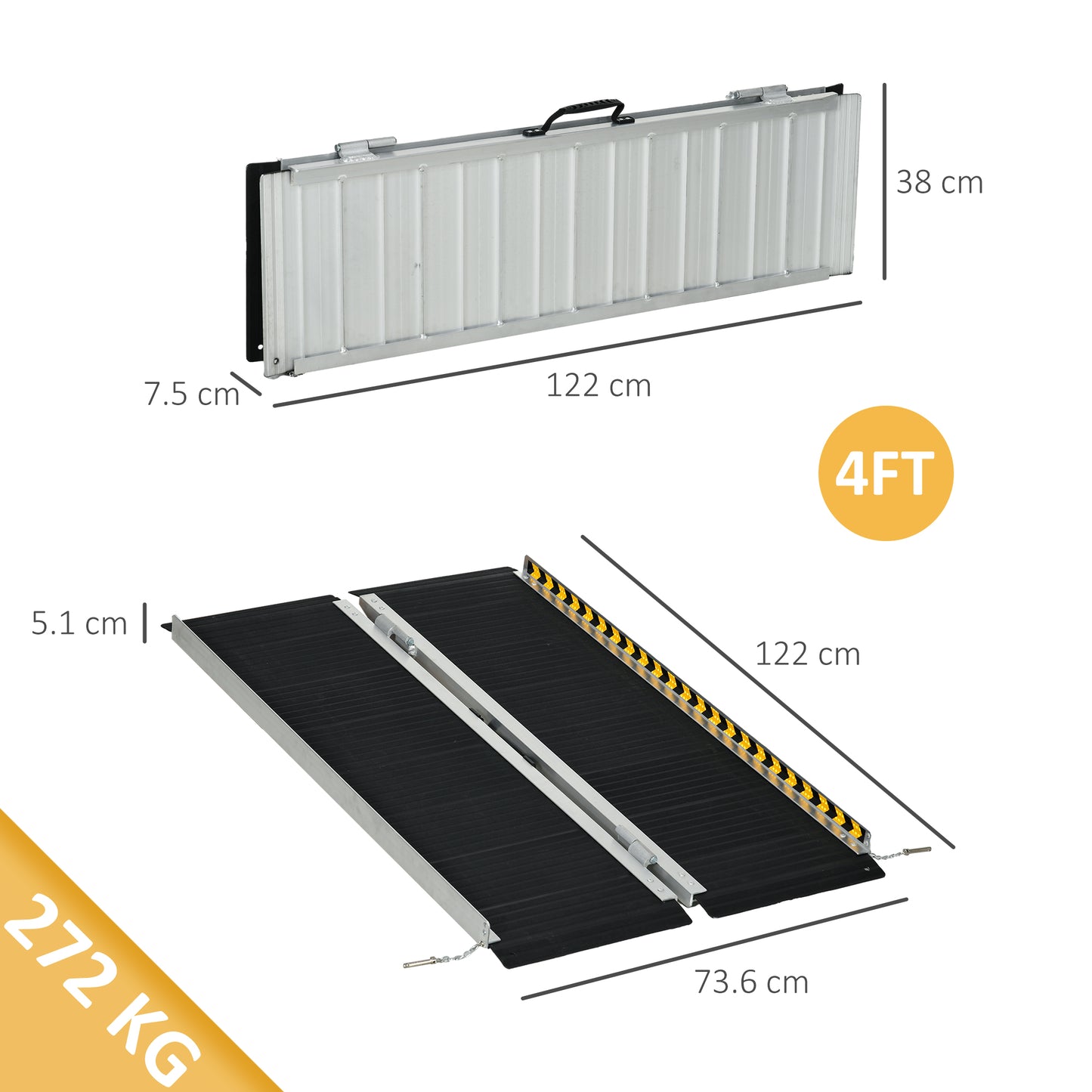 Wheelchair Ramp, 122L x 73Wcm, 272KG Capacity, Folding Aluminium Threshold Ramp with Non-Skid Surface
