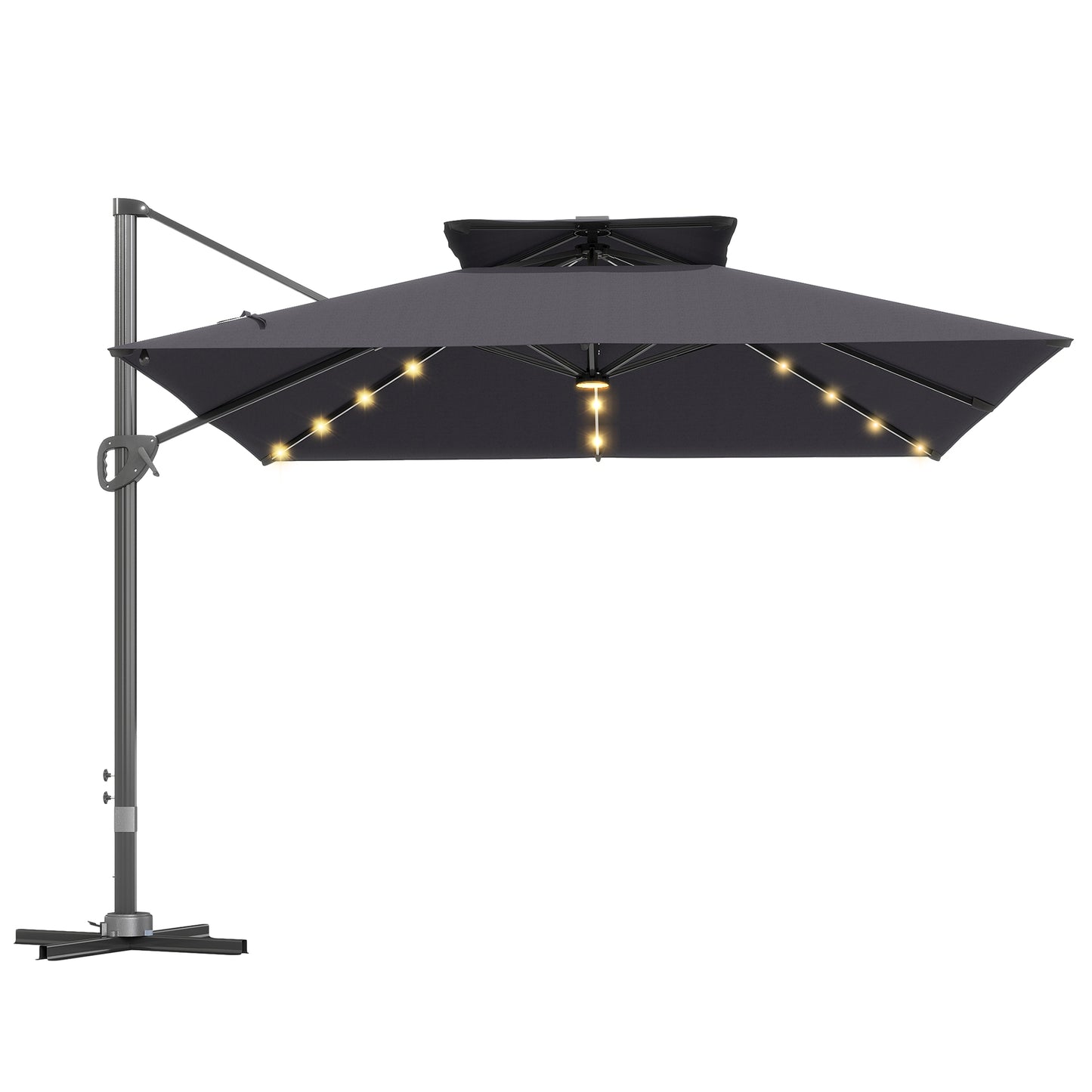 3.5x3 m Garden Cantilever Parasol with Solar LED Lights and Centre Light, Aluminium Large Square Patio Umbrella