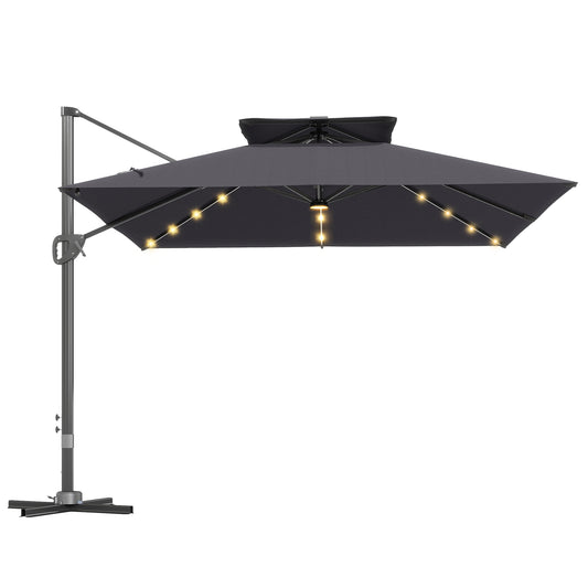 3.5x3 m Garden Cantilever Parasol with Solar LED Lights and Centre Light, Aluminium Large Square Patio Umbrella