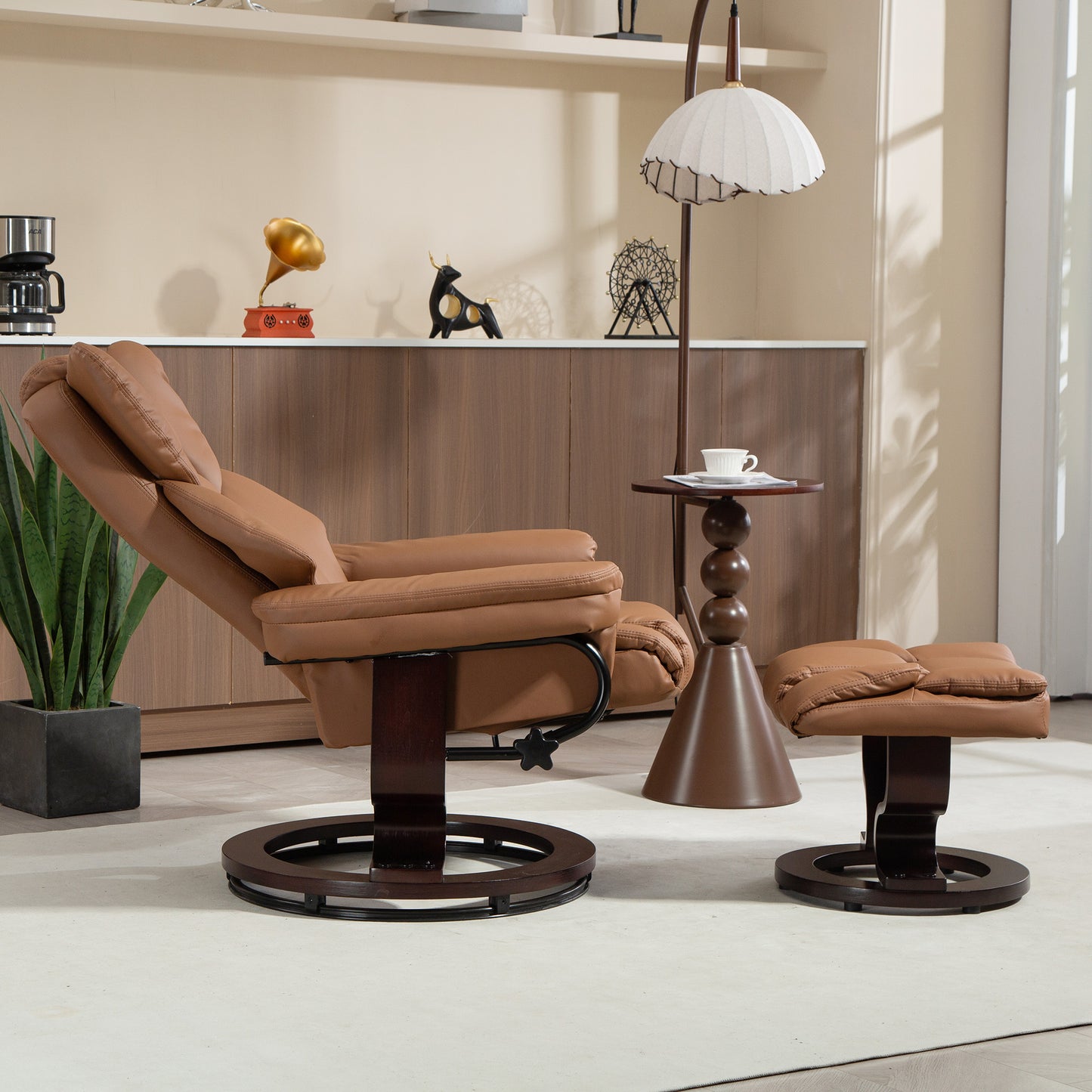 Faux Leather Reclining Chair and Footstool - Brown