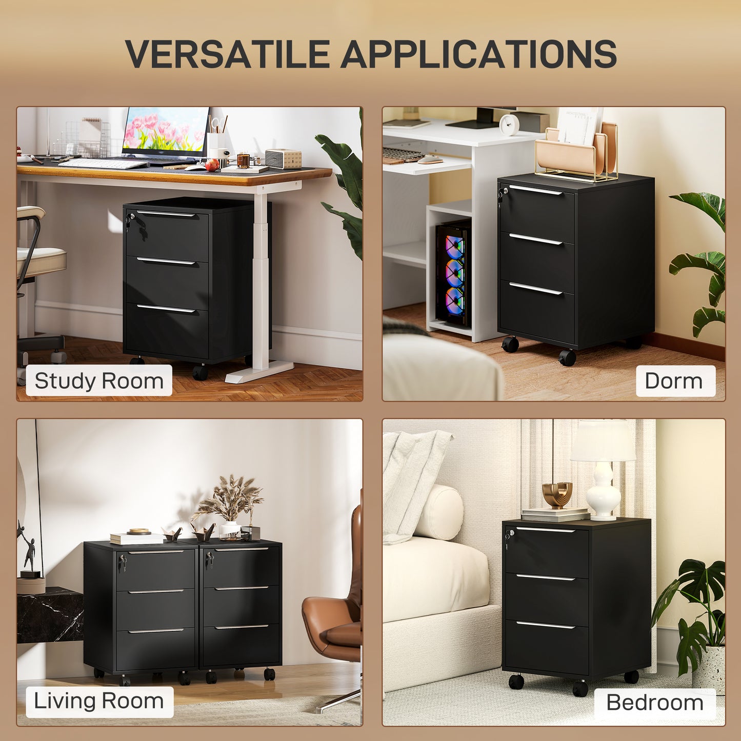 Three-Drawer Locking Filing Cabinet - Black