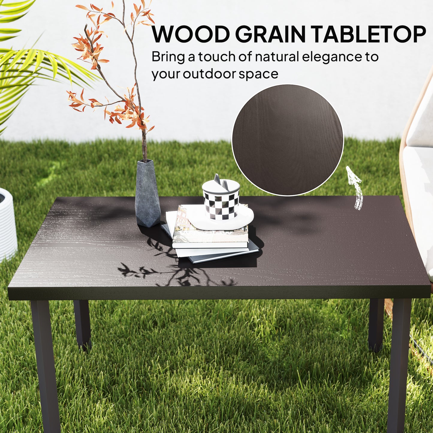 Metal Garden Coffee Table, Rectangular Outdoor Side Table with Woodgrain Tabletop, Foot Pads for Outside, Garden, Balcony