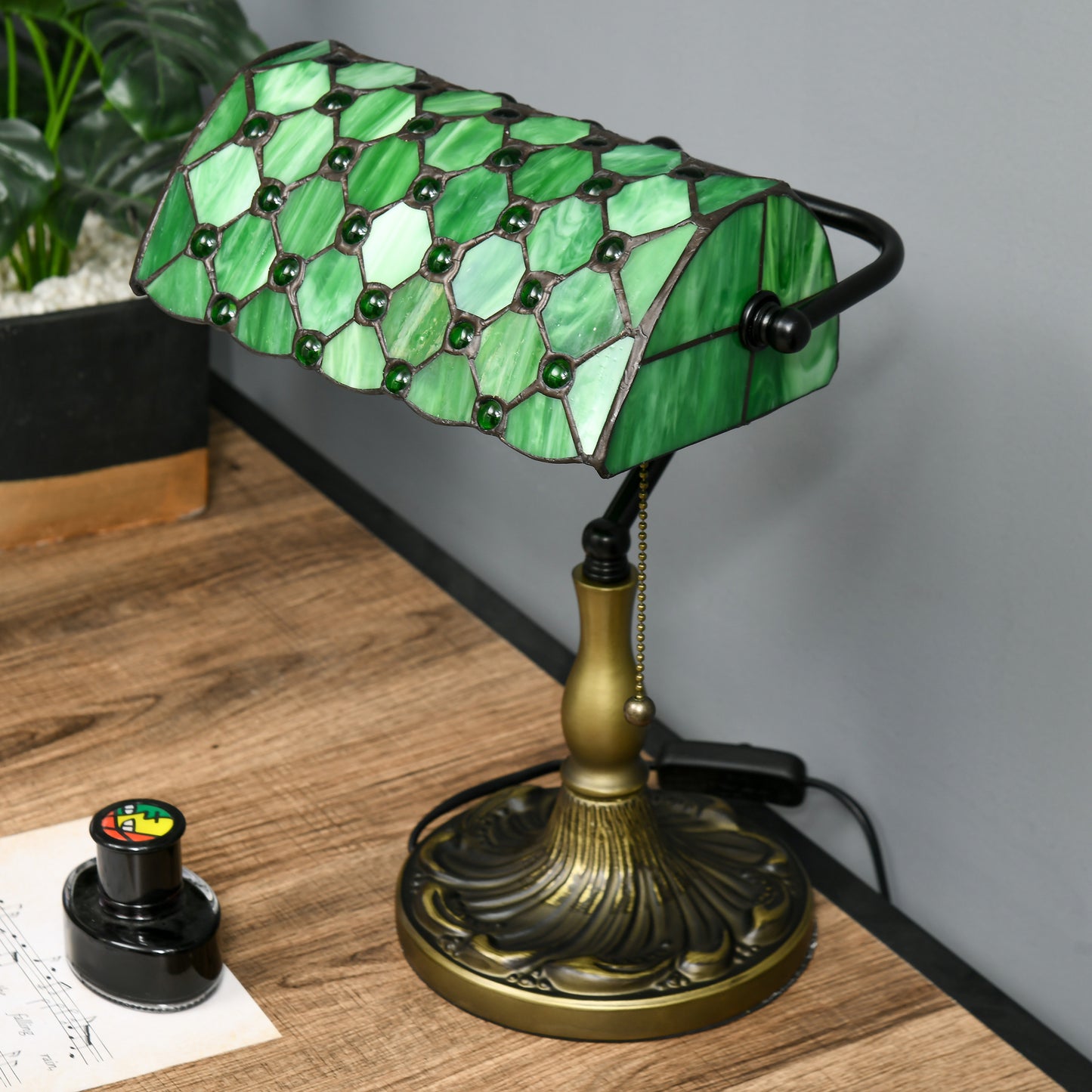Stained Glass Table Lamp, Vintage Lamp with Green Handmade Shade, Metal Base