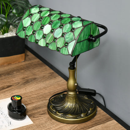 Stained Glass Table Lamp, Vintage Lamp with Green Handmade Shade, Metal Base