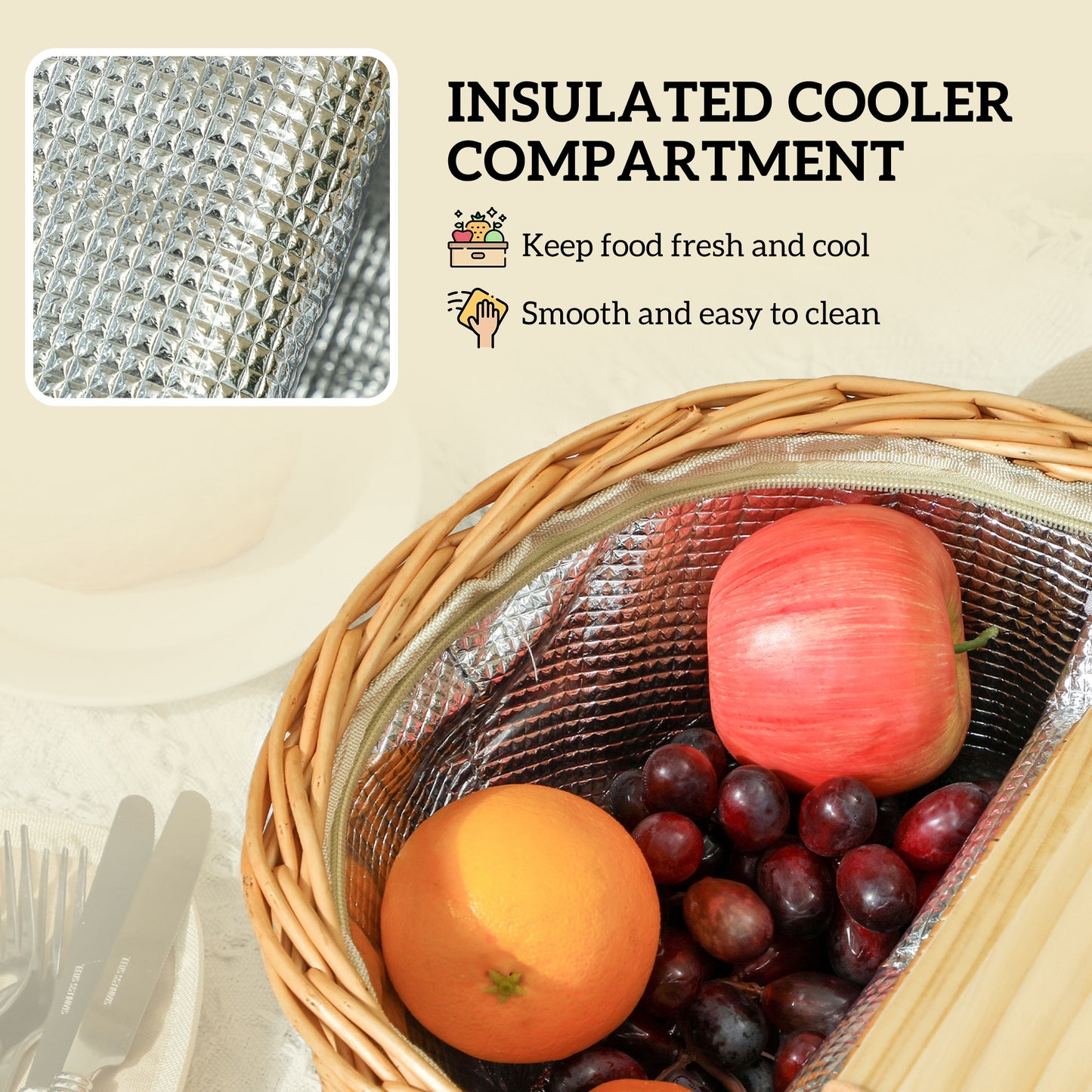 Wicker Picnic Basket for 2 with Pine Wood Lid, Picnic Hamper with Cooler Compartment, Cutlery Service Kits