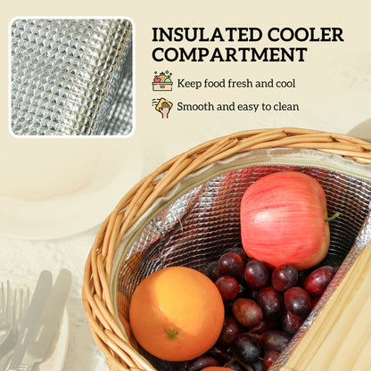 Wicker Picnic Basket for 2 with Pine Wood Lid, Picnic Hamper with Cooler Compartment, Cutlery Service Kits
