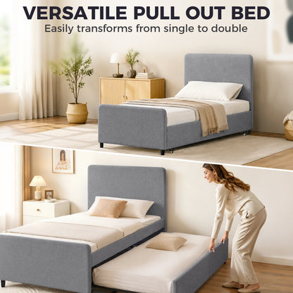 3ft Single Bed Frame with Trundle, Upholstered Pull Out Trundle Bed with Headboard and Footboard, Dark Grey