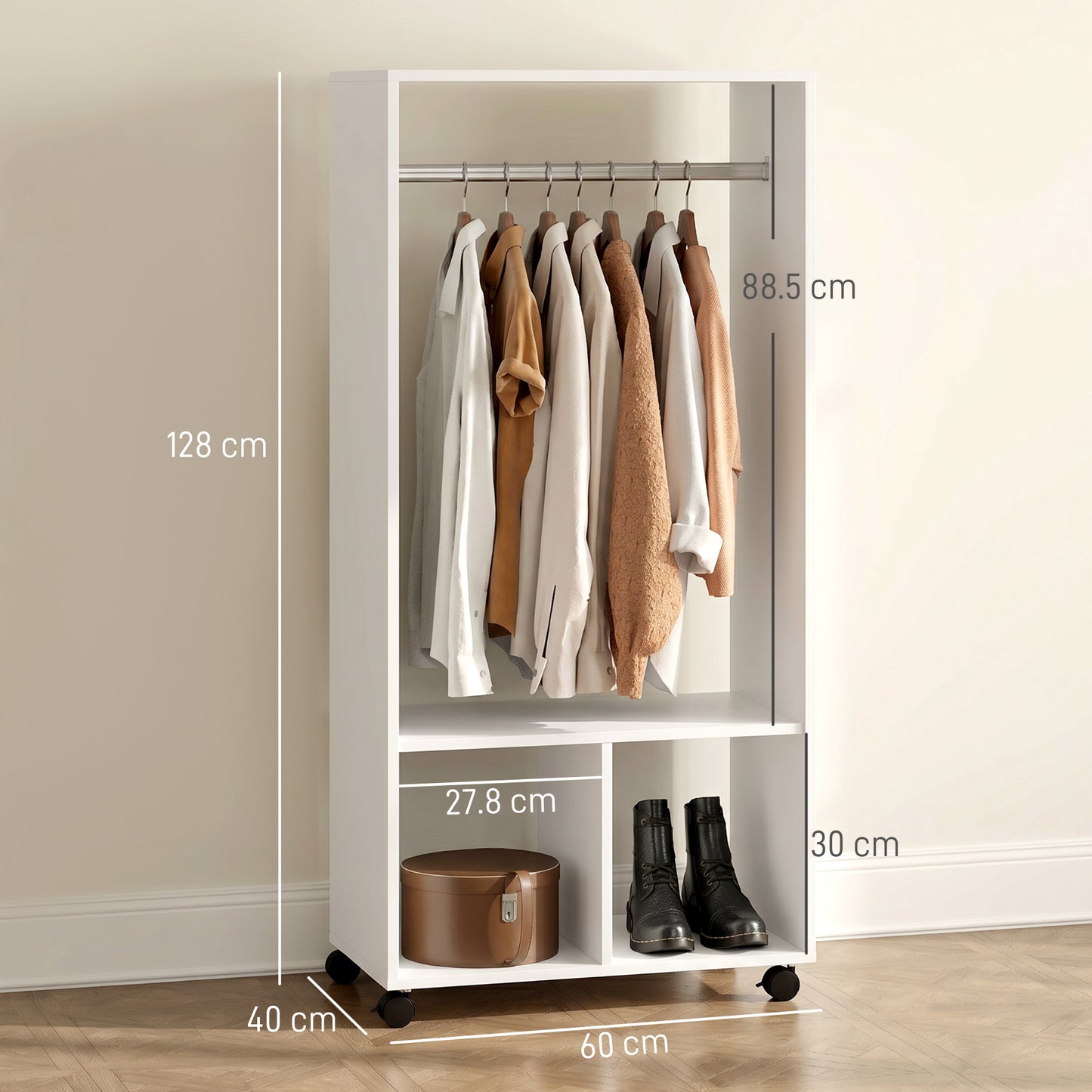 Open Wardrobe on Wheels, Bedroom Wardrobe with Clothes Hanging Rail, 2 Storage Shelves, Mobile Garment Rack for Cloakroom
