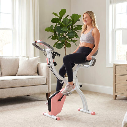 2-in-1 Folding Exercise Bike with 8-Level Magnetic Resistance, Arm Resistance Band, Pulse Sensor, Pink
