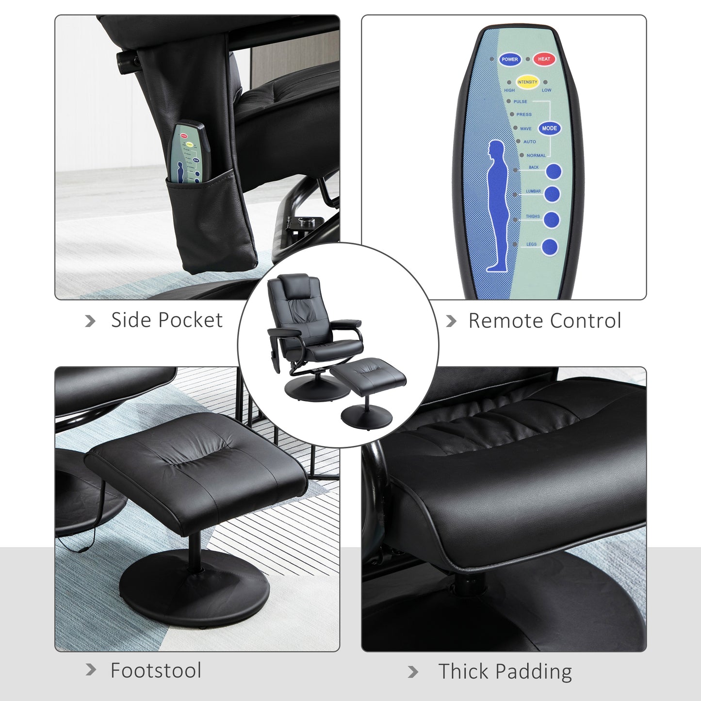 Swivel Recliner Chair and Footstool, Faux Leather Massage Recliner Armchair with Remote Control and Round Wrapped Base, Black