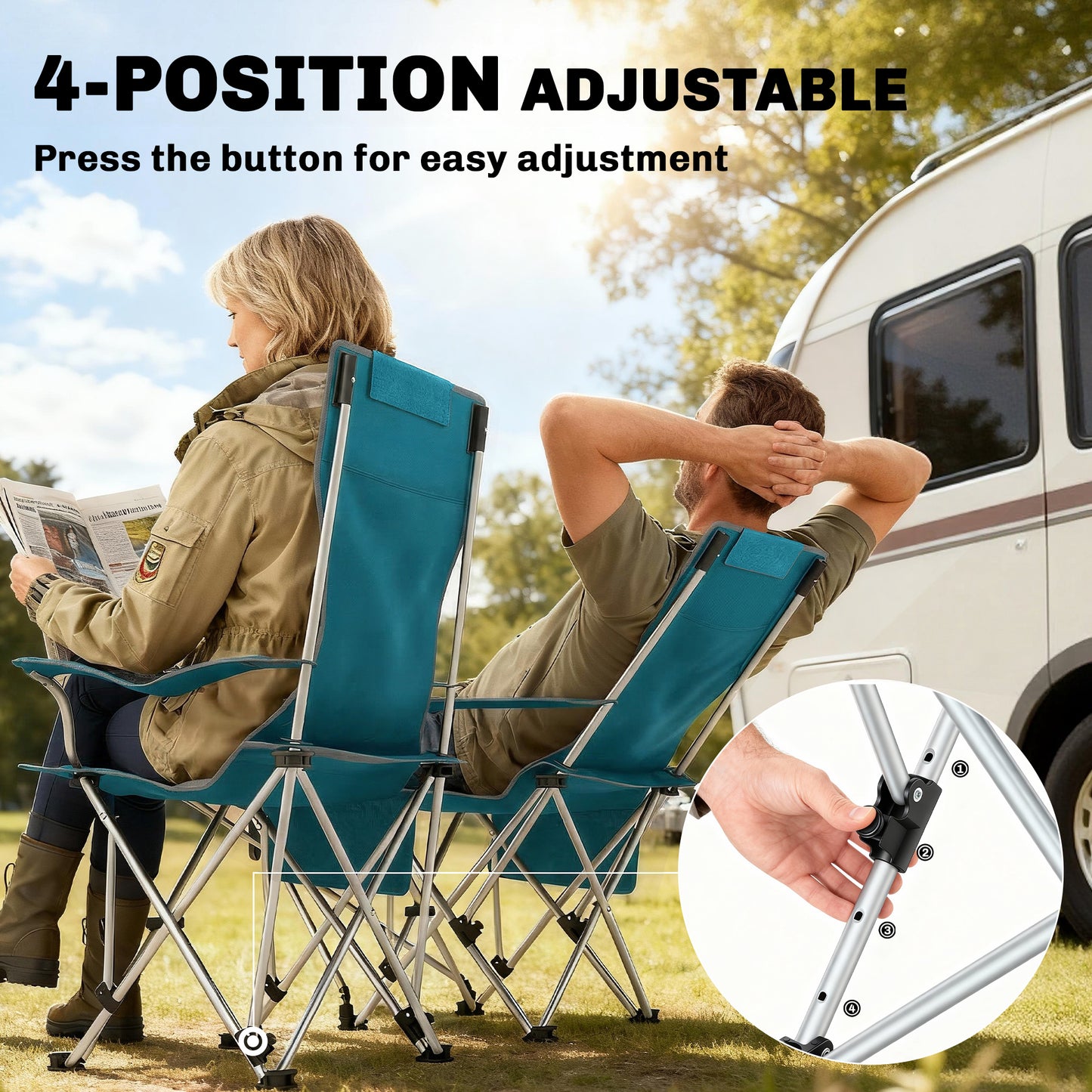 Set of 2 Reclining Folding Camping Chair w/ Detachable Footrest, Storage Bag, Cup Holder & Headrest, Blue and Grey
