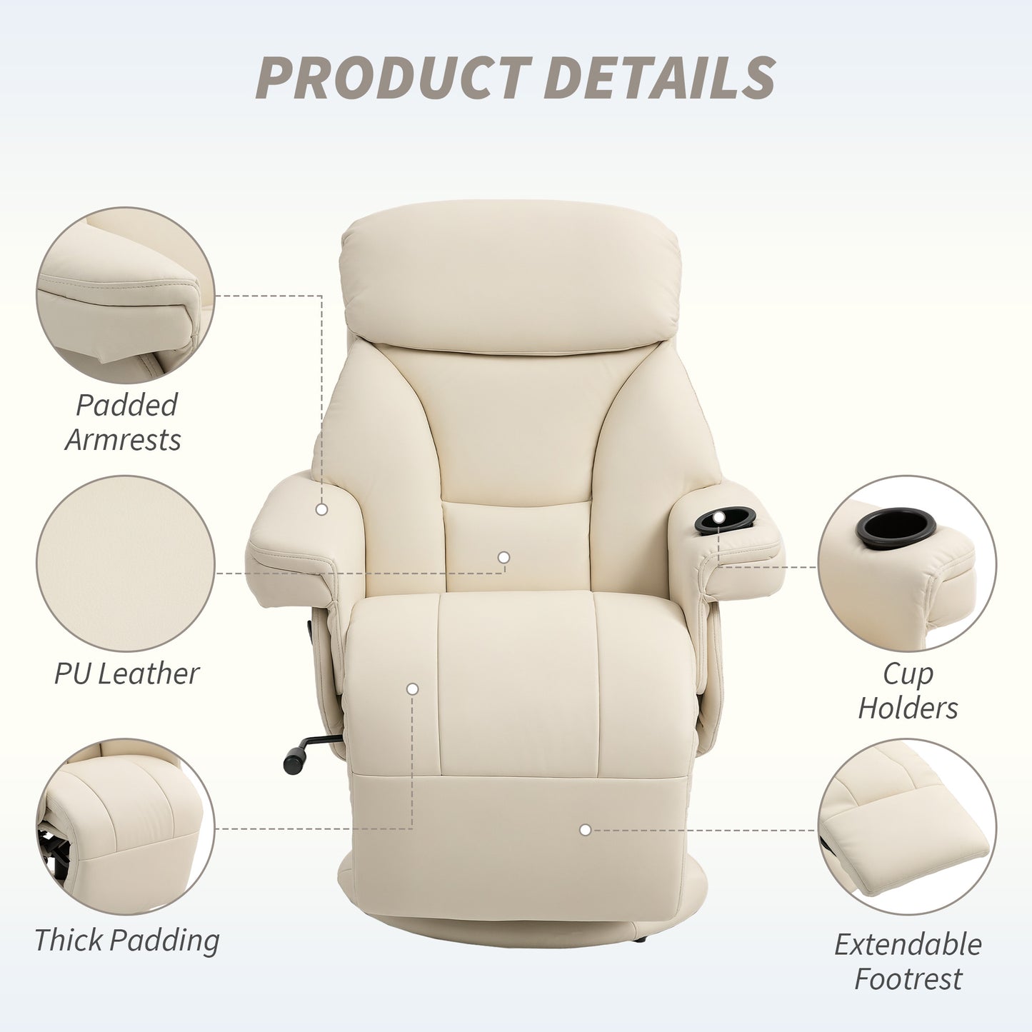 Manual Recliner Chair with Footrest, Upholstered Reclining Armchair with Adjustable Backrest and Cup Holder