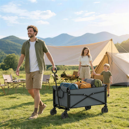 81L Festival Trolley on Wheels, Compact Garden Folding Trolley Cart with Adjustable Handle 80L, Grey
