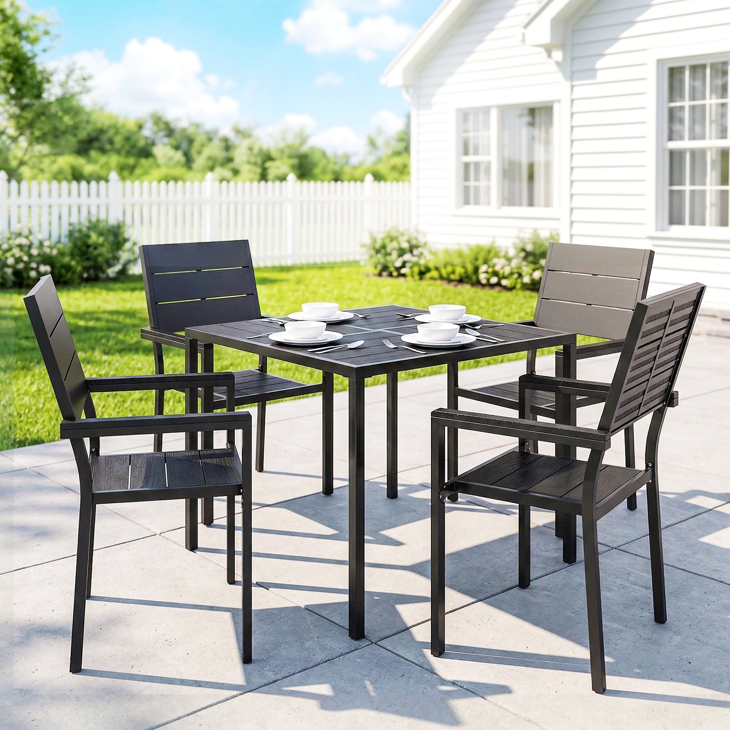 5 Pieces Garden Dining Set, Garden Table and Chairs Set for 4 with Square HDPE Table and Chairs with Armrests, Black