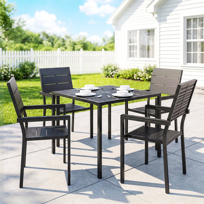 5 Pieces Garden Dining Set, Garden Table and Chairs Set for 4 with Square HDPE Table and Chairs with Armrests, Black